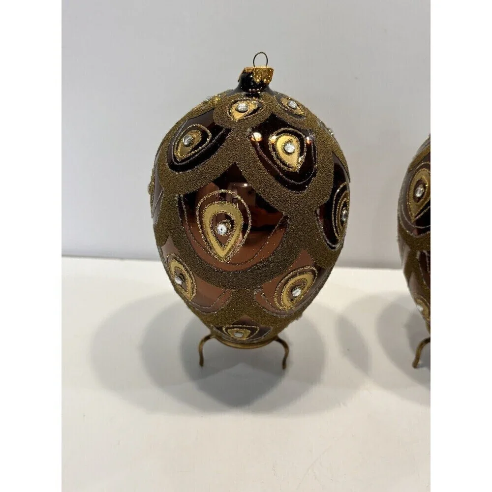 Vintage Hand Blown & Painted Glass Egg Christmas Ornament Diamond Glitter Set 2